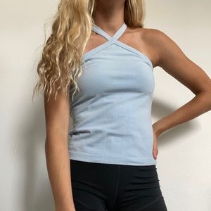 Light blue cross over neck top